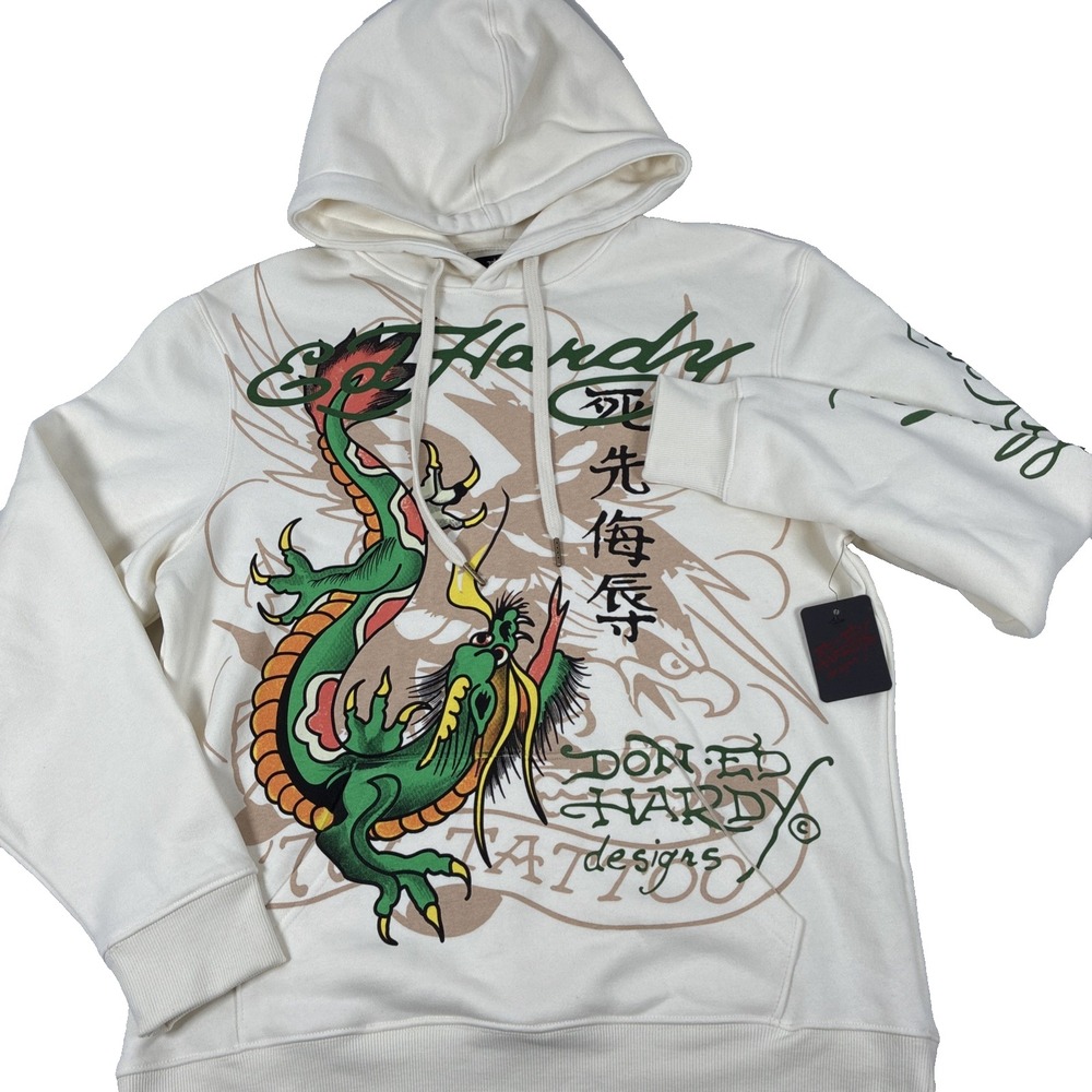 Ed Hardy Dragon Tattoo Hoodie Mens Medium Ivory Graphic Pullover Streetwear NEW